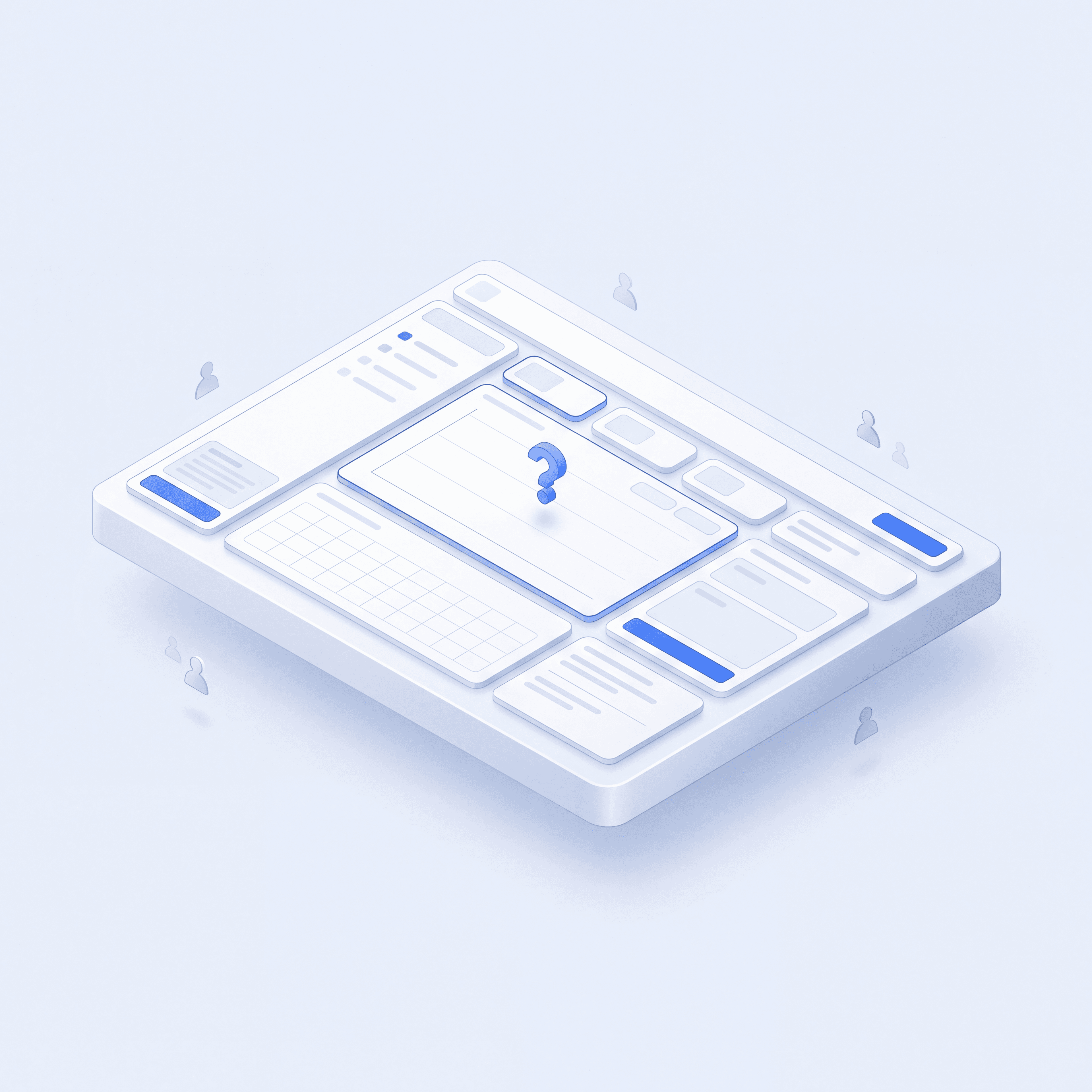 Tableau de bord analytique vide avec un point d'interrogation au centre
